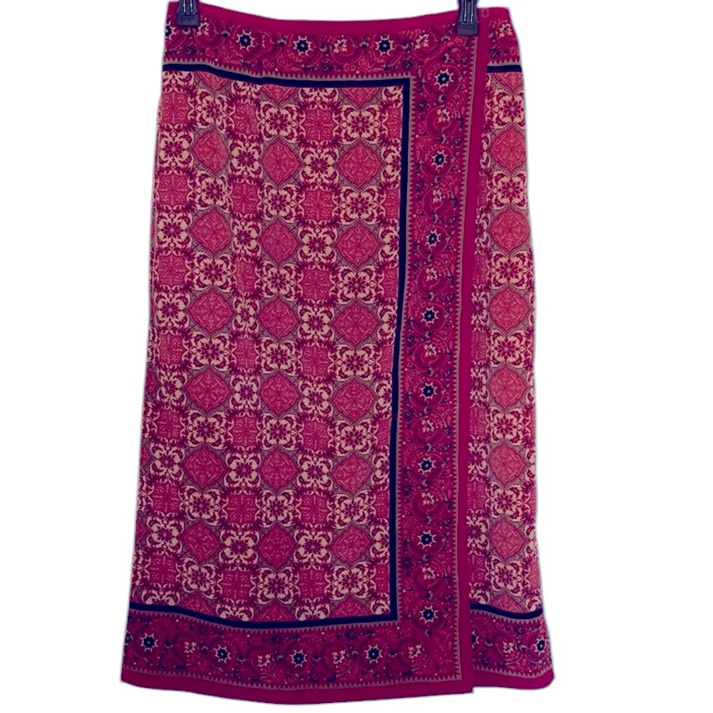 Sag Harbor Vintage Wrap Skirt, red print , button waist closure, 14